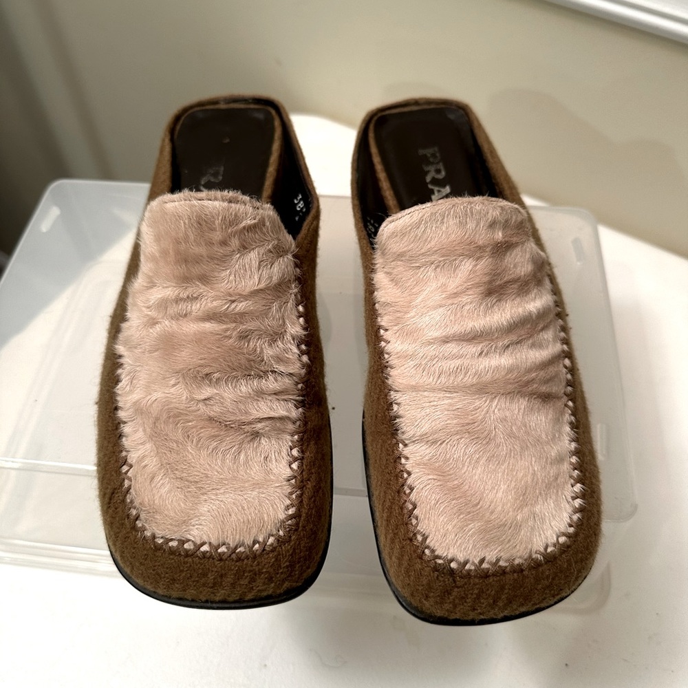 PRADA vintage dark tan wool material with light cream fur like front.